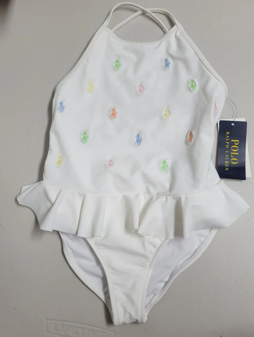 Polo Ralph Lauren NWT White One-Piece Girls Swimsuit with Multicolor Pony Logo.